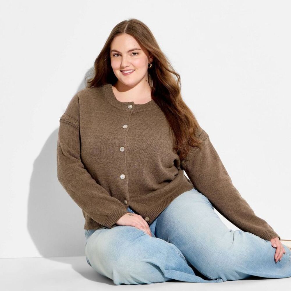 Open Box - Wild Fable - Women's Crewneck Cable Trim Cardigan - Wild Fable  Brown